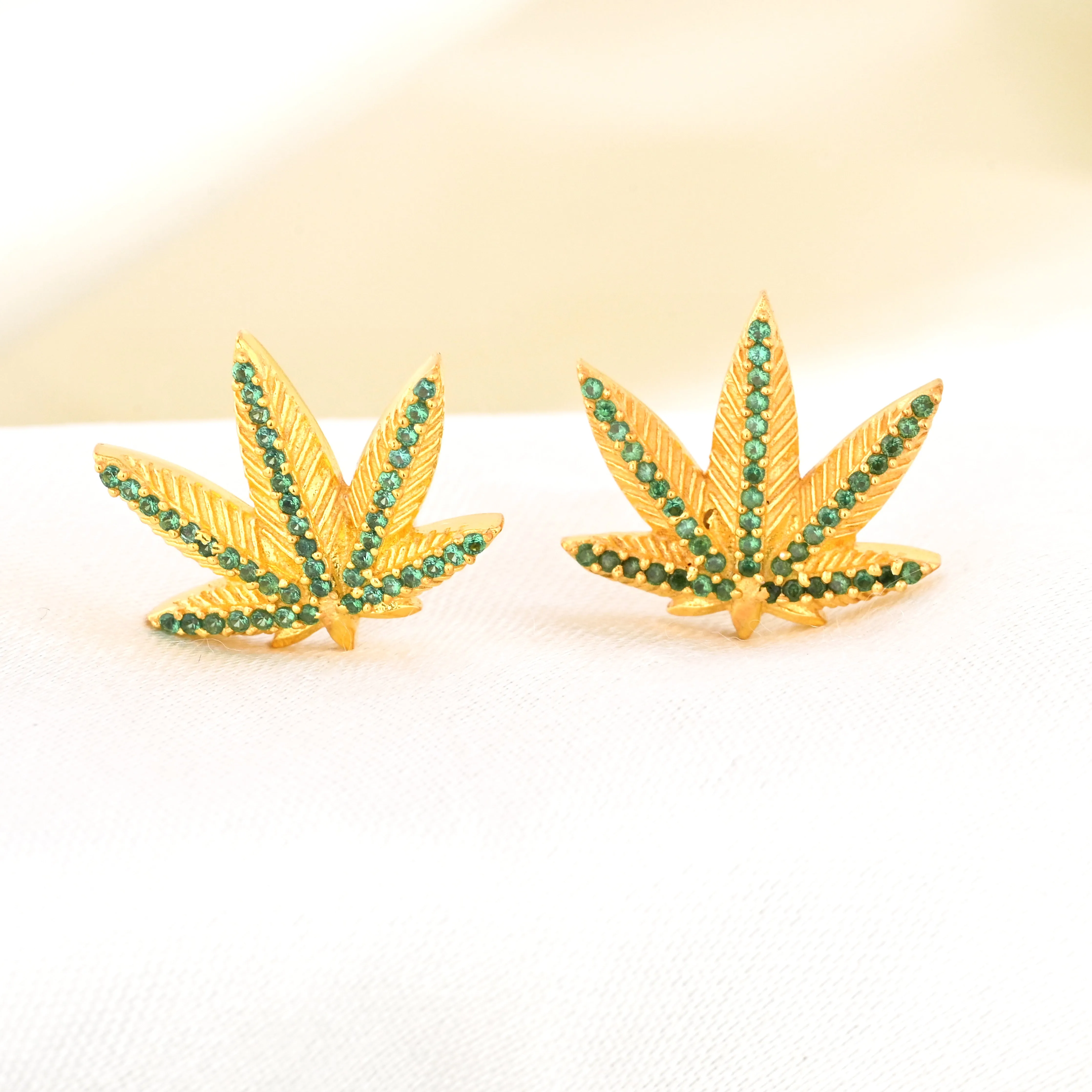 14K Gold Plated Green Emerald Marijuana Pot Leaf Stud Earrings