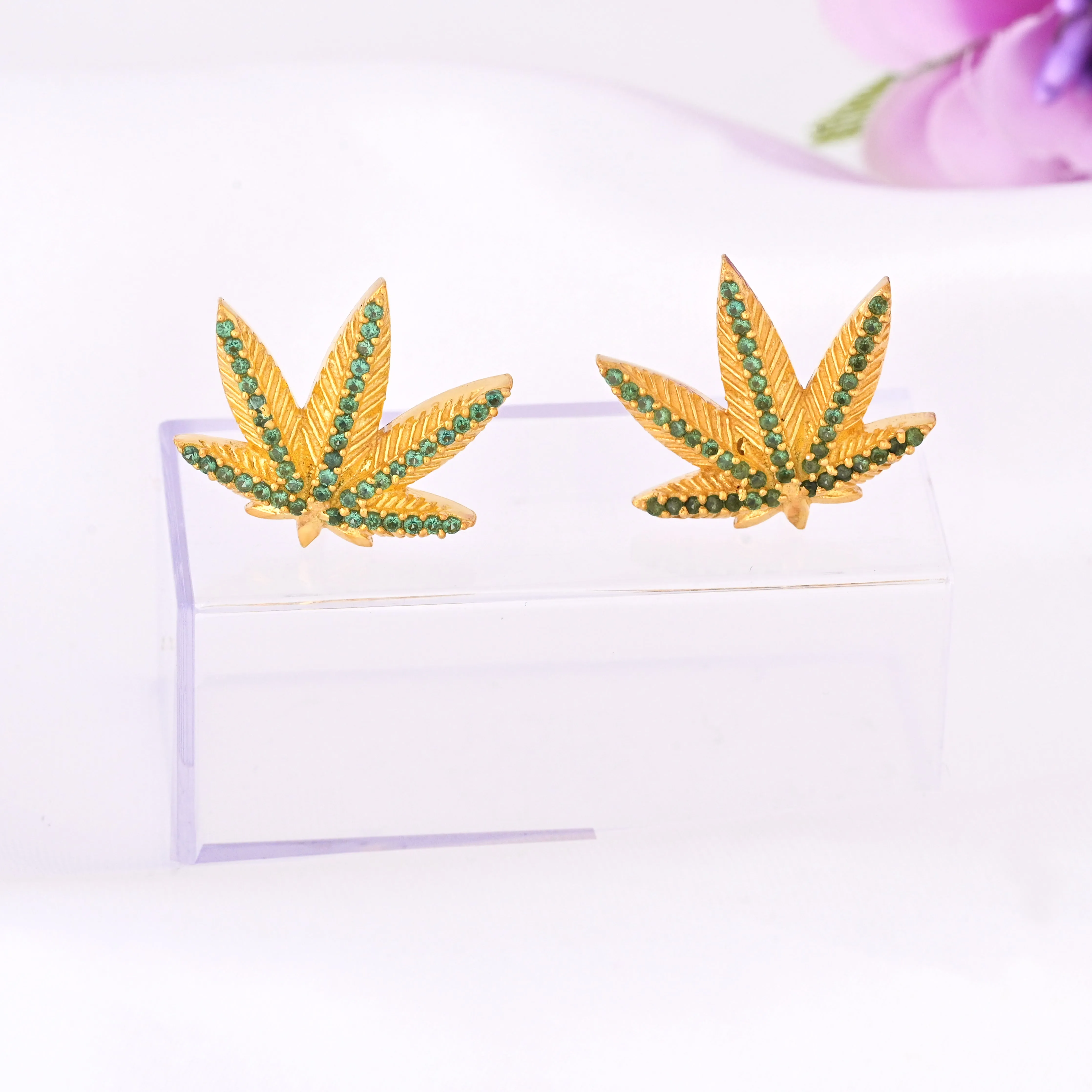 14K Gold Plated Green Emerald Marijuana Pot Leaf Stud Earrings