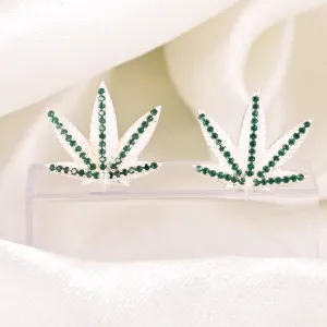 14K Gold Plated Green Emerald Marijuana Pot Leaf Stud Earrings