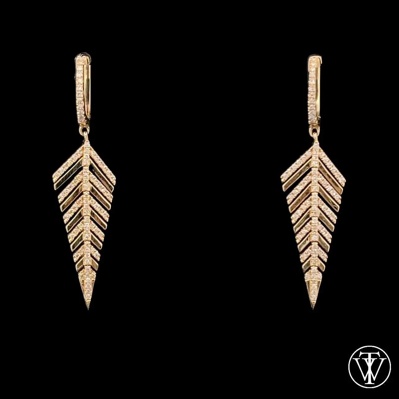 14k Yellow Gold Diamond Feather Drop Earrings