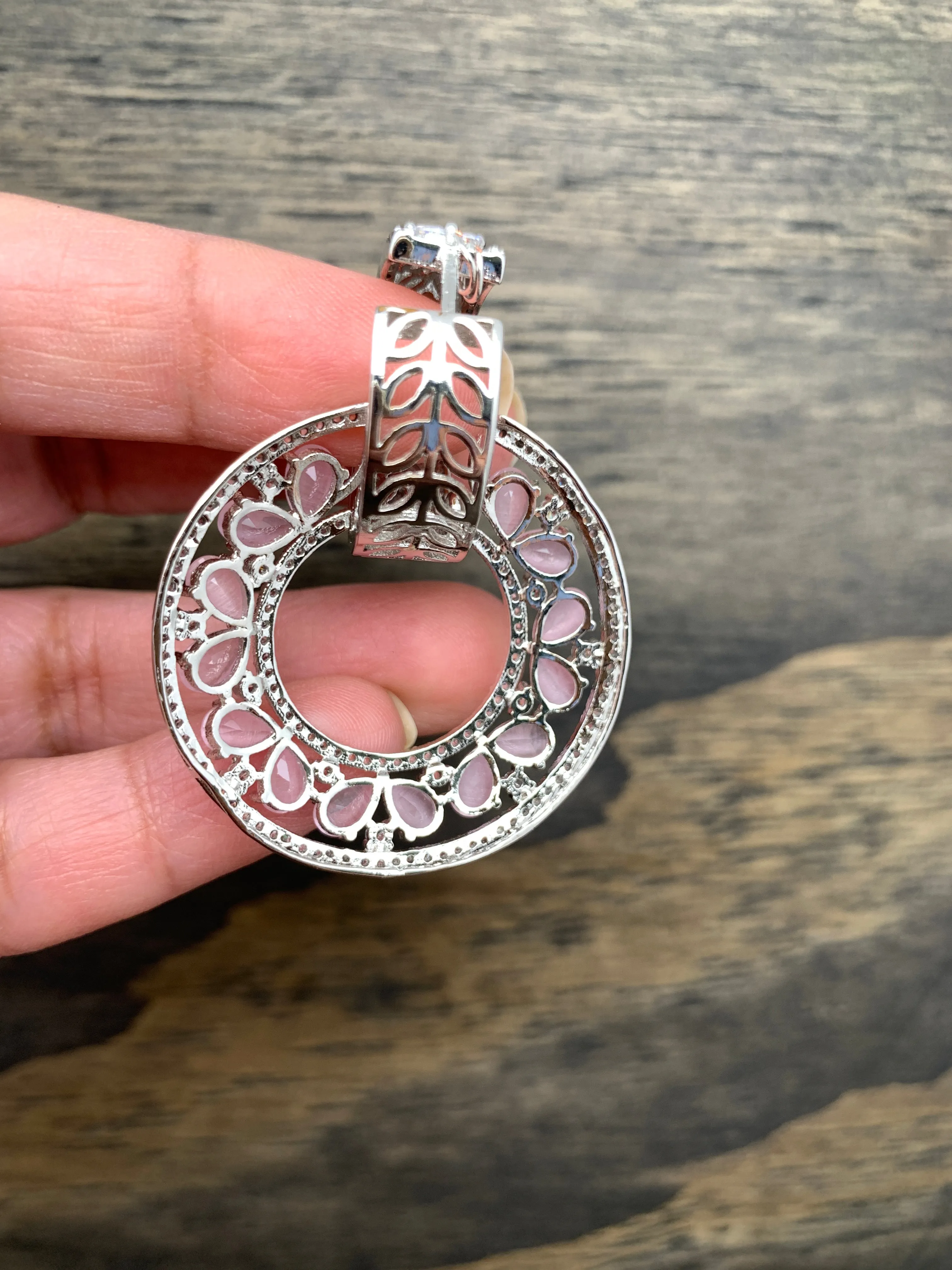 AD Pink Stone Bali Hoop Pattern Earrings in Silver Polish