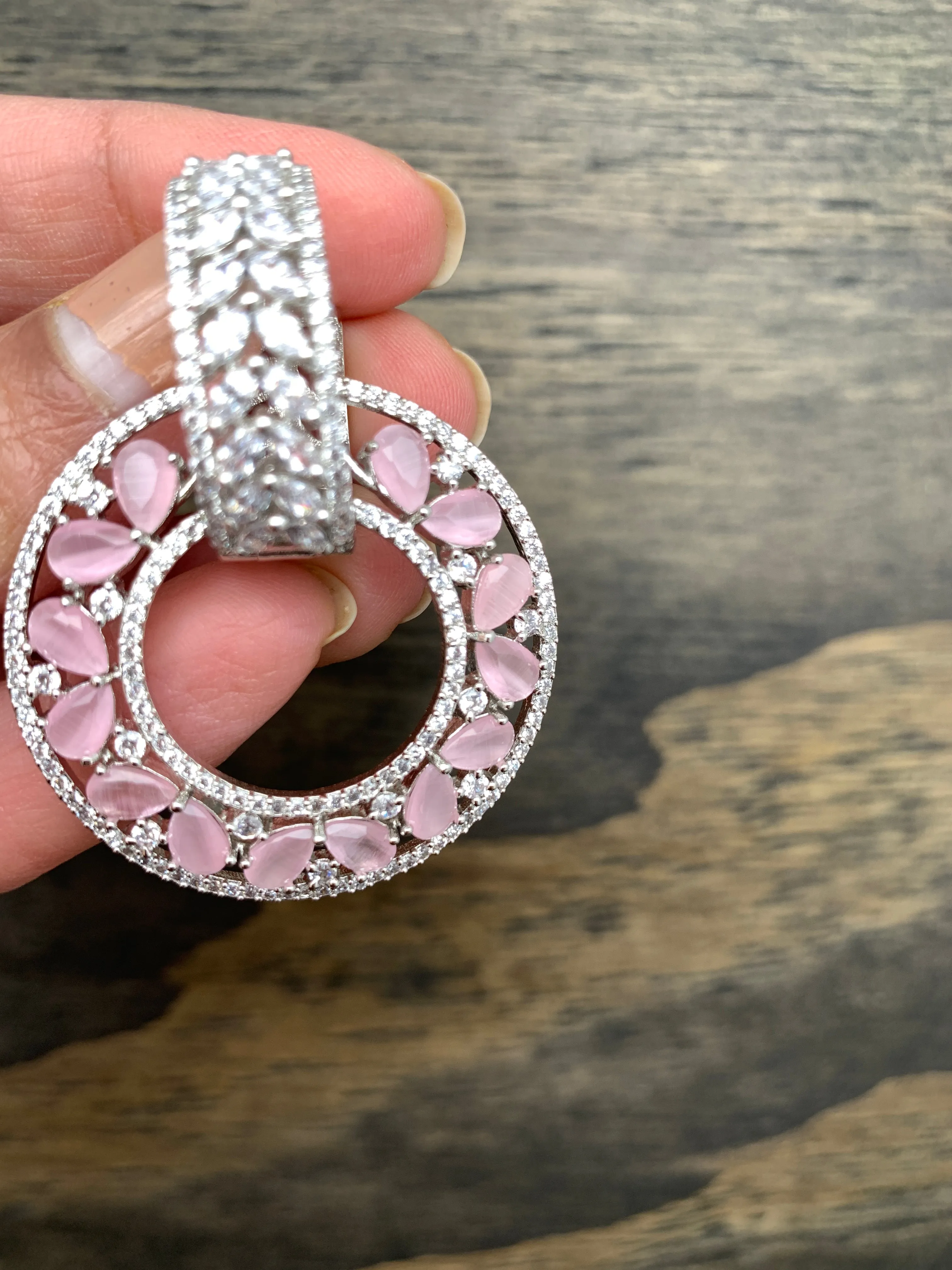 AD Pink Stone Bali Hoop Pattern Earrings in Silver Polish