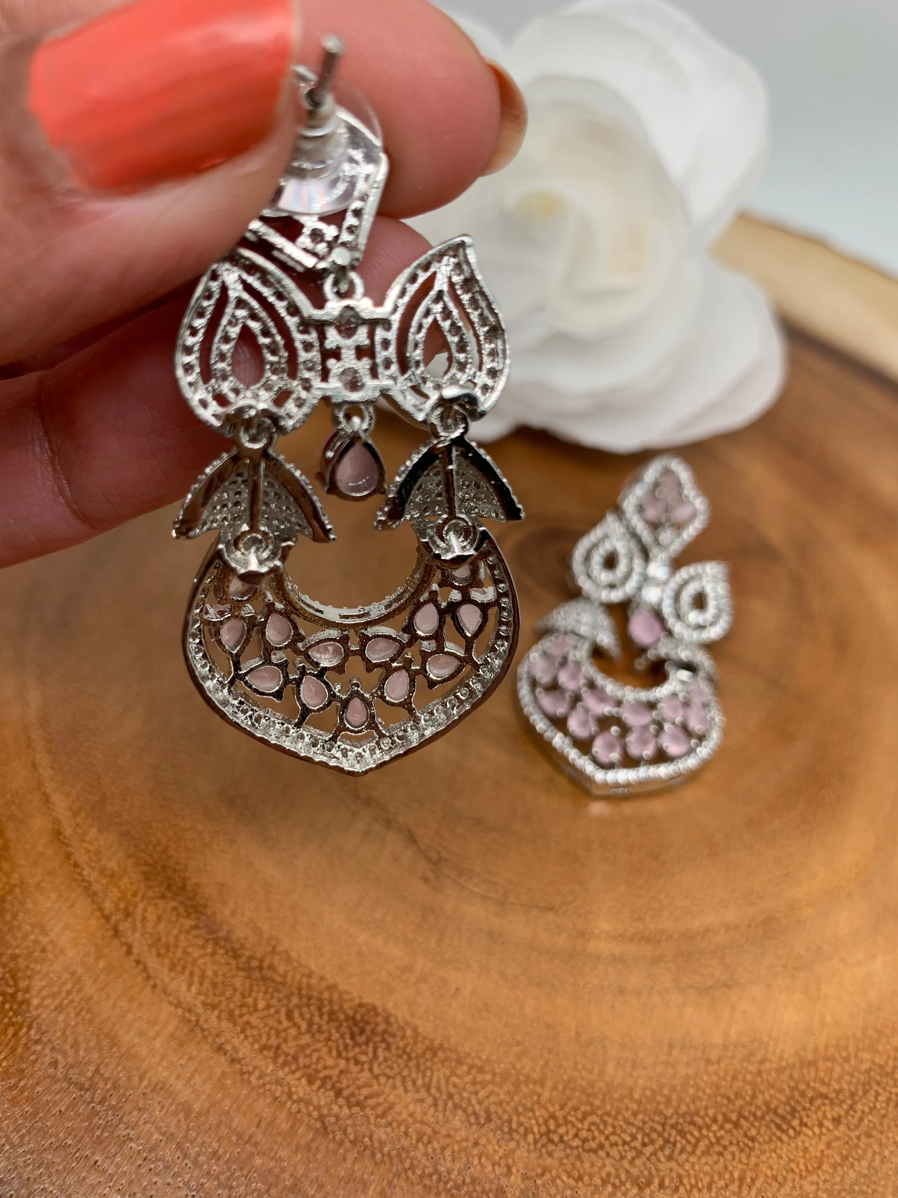 AD Pink Stone Silver Polish Earrings