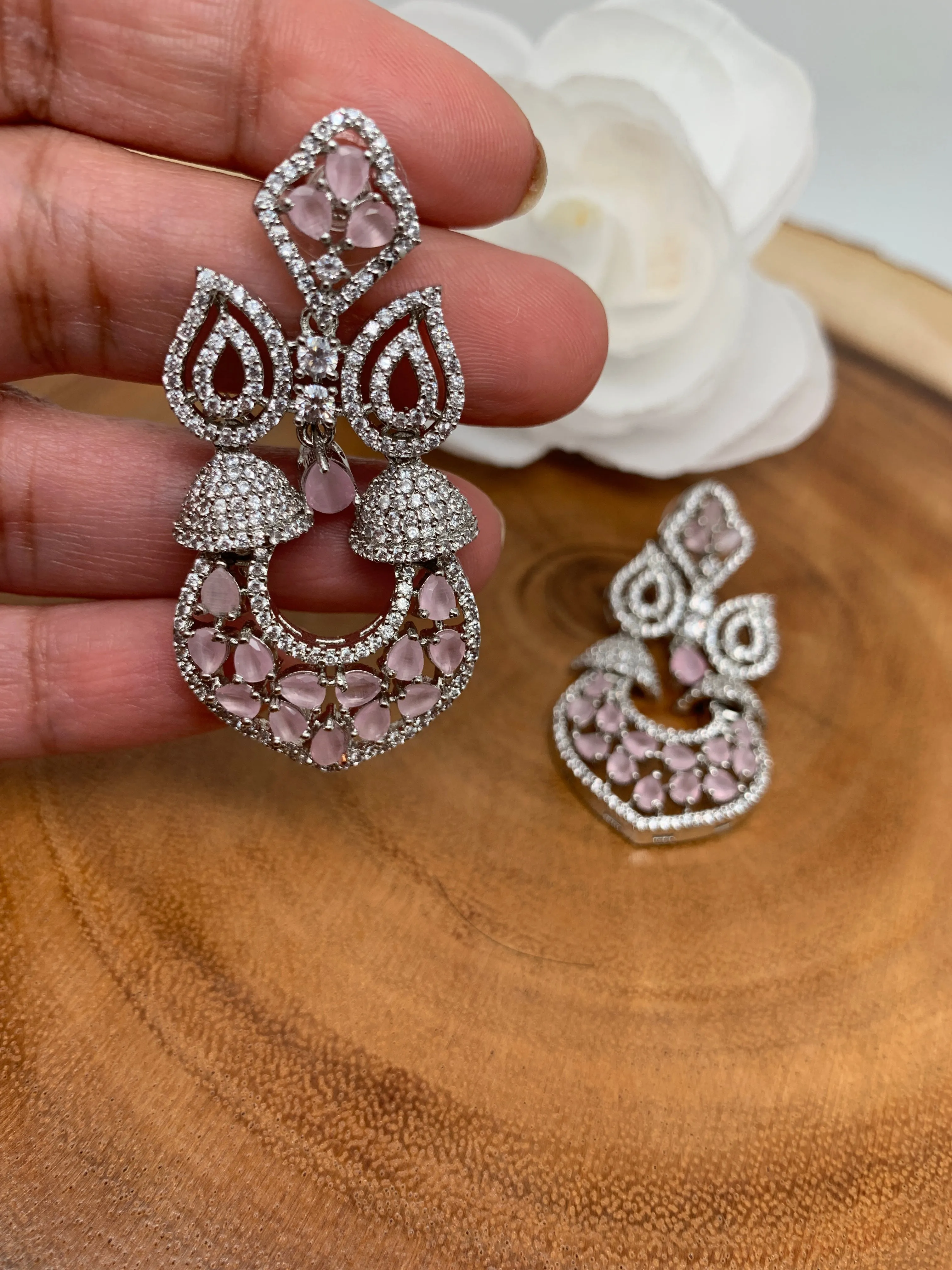 AD Pink Stone Silver Polish Earrings