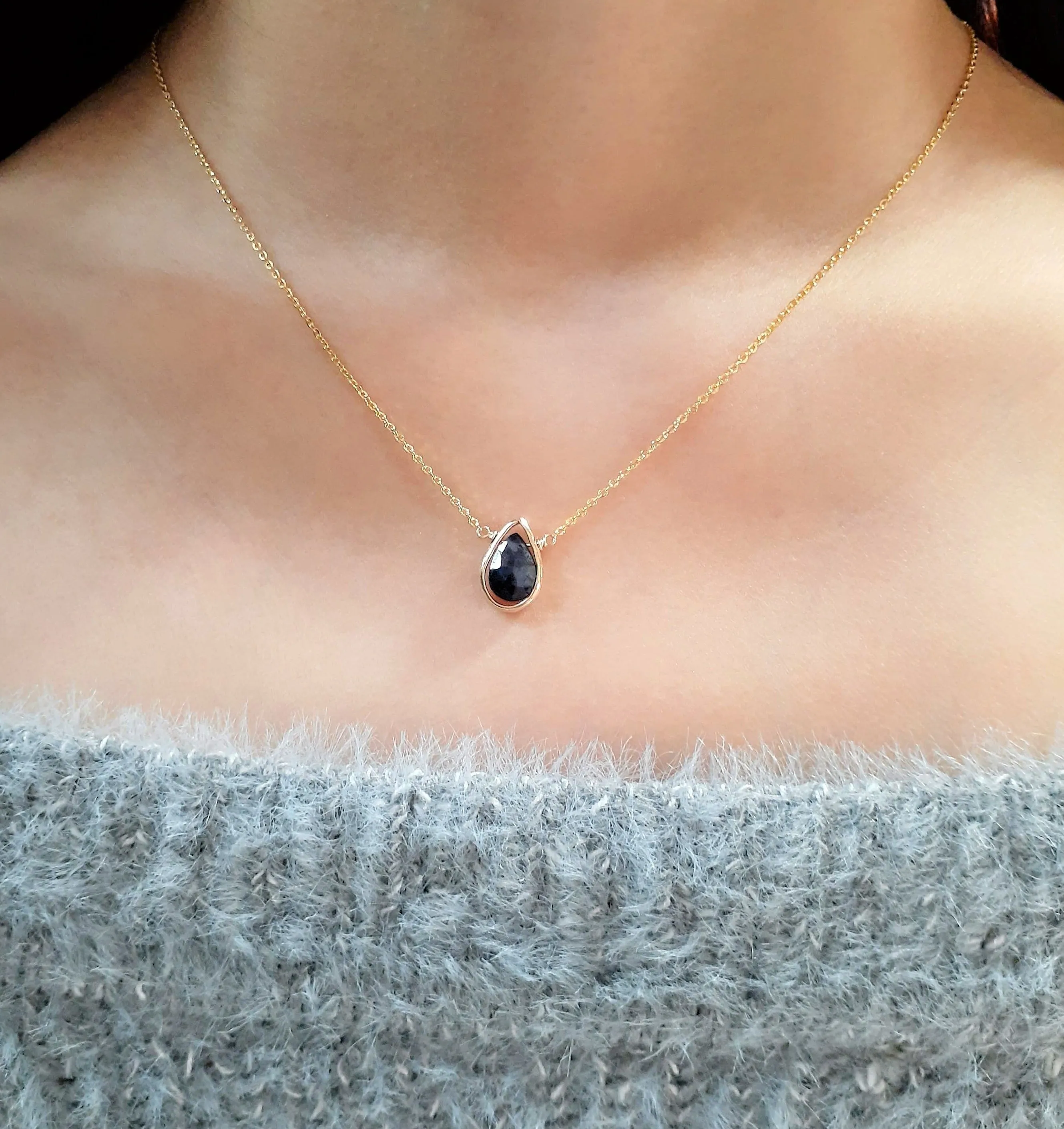 Blue Sapphire Pear Pendant Necklace