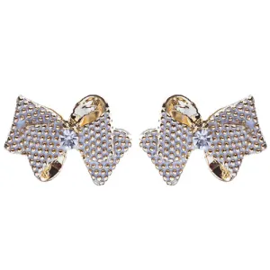 Classic Ribbon Bow Tie Design Crystal Rhinestone Pave Earrings E505 Gold White