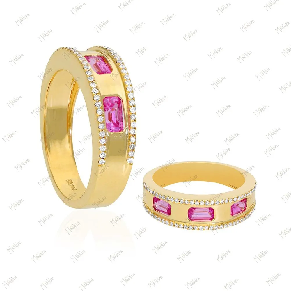 Diamond and Pink Sapphire Band Ring in US Size 7