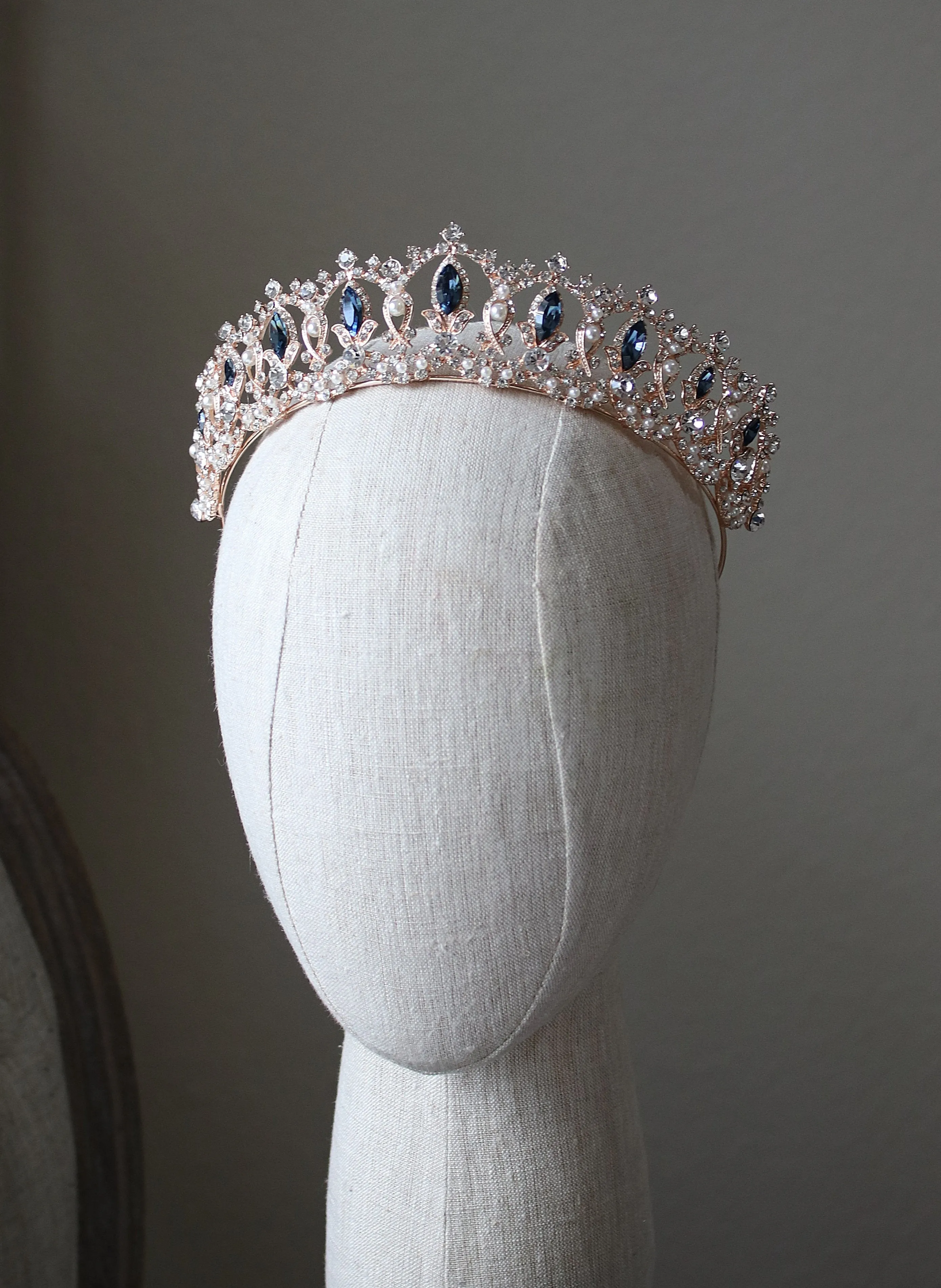 GRAND SERENA Rose Gold Tiara with London Blue Accent Stones and Pearls