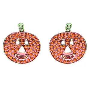 Halloween Costume Jewelry Crystal Rhinestone Happy Pumpkin Stud Earrings Orange